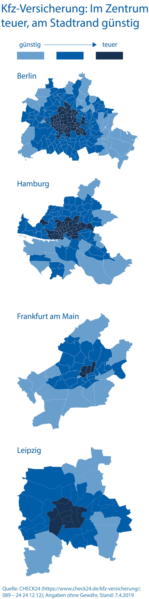 Preis für Kfz-Versicherung variiert in derselben Stadt um bis zu 20 Prozent / Bei sonst identischen Tarifmerkmalen variiert der Beitrag für den Haftpflichtschutz eines Pkw innerhalb derselben Stadt um bis zu 20 Prozent. Weiterer Text über ots und www.presseportal.de/nr/73164 / Die Verwendung dieses Bildes ist für redaktionelle Zwecke honorarfrei. Veröffentlichung bitte unter Quellenangabe: „obs/CHECK24 GmbH“